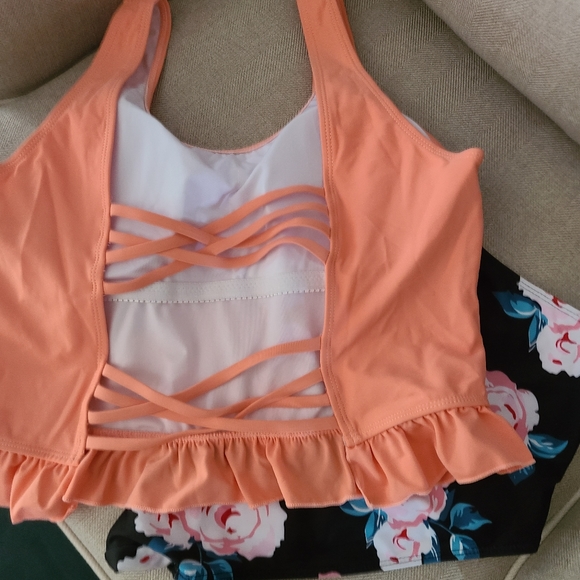 🔥XL tankini swimsuit, coral and roses - Picture 2 of 4
